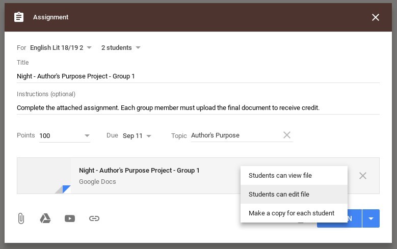 change material to assignment in google classroom